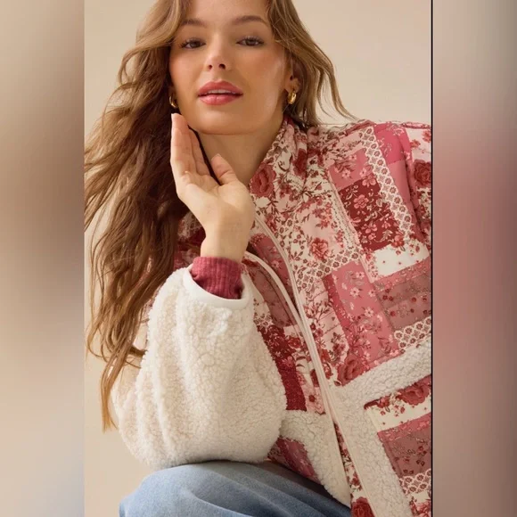 Altar'd State Pink Patchwork Sherpa Jacket with Cream Panels - Picture 2 of 6